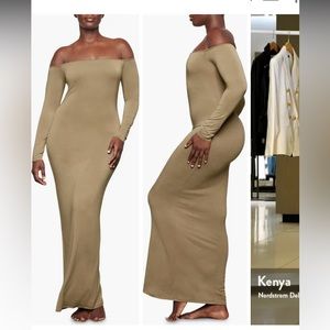 SKIMS Smooth Lounge Off the Shoulder Long Sleeve Maxi Dress in Gunmetal